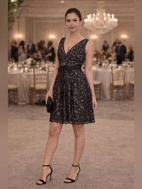 BCBG Max Azria Black Lace Sequin Fit & Flare Dress w Bow Detail Size 0